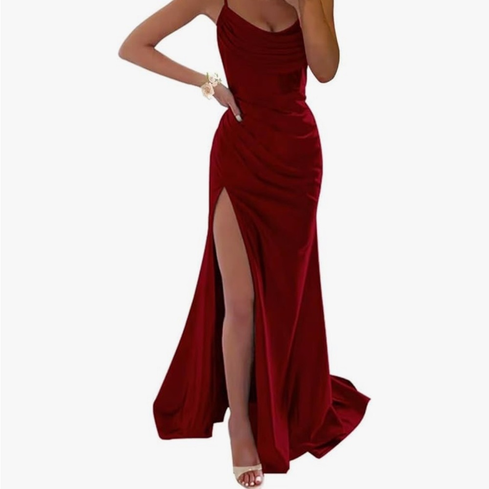 Burgundy Satin Cowl Neck Zipper/Strappy Formal Evening Gown